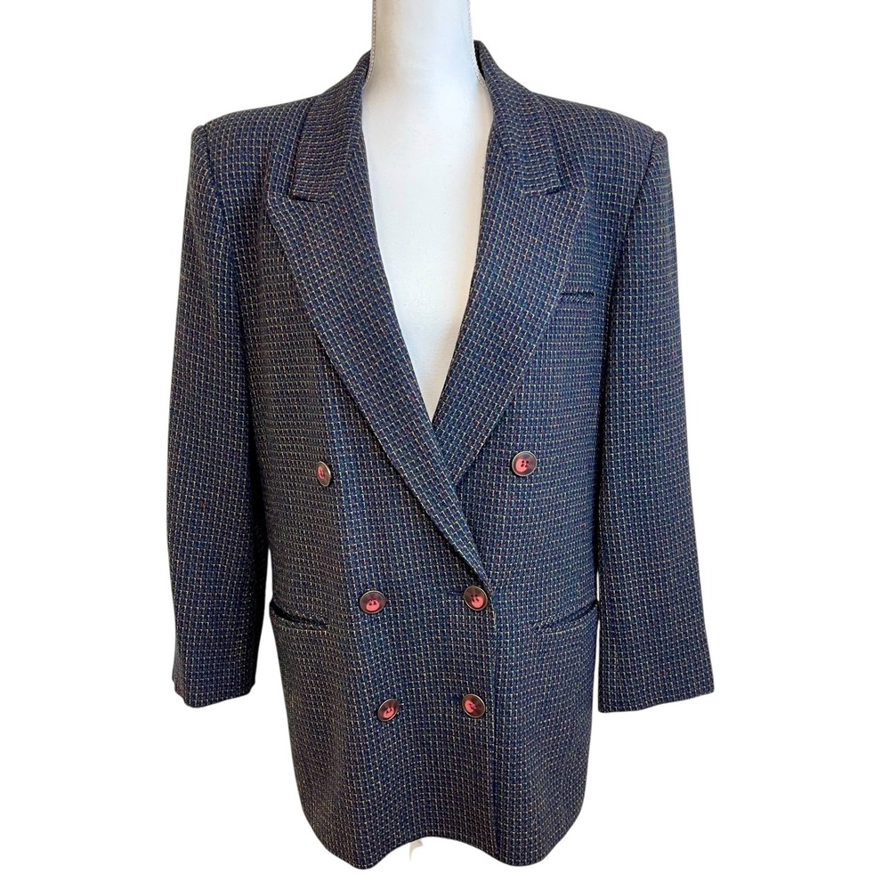 Vintage KENNETH‎ GORDON Wool Blazer Double Breasted Plaid Sz 12 Academia Preppy